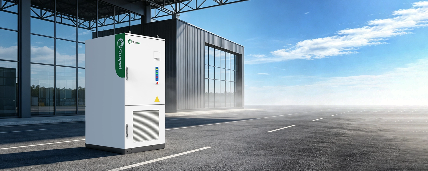 Sunpal ESS-E261LP white outdoor commercial energy storage cabinet installed beside a modern industrial building under a clear blue sky.