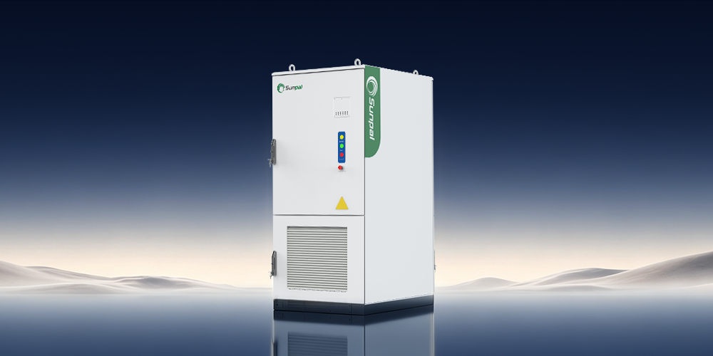 3D product render of the white Sunpal ESS-E261LP commercial energy storage cabinet with control interface and cooling ventilation grilles set against a minimalist dark studio background.