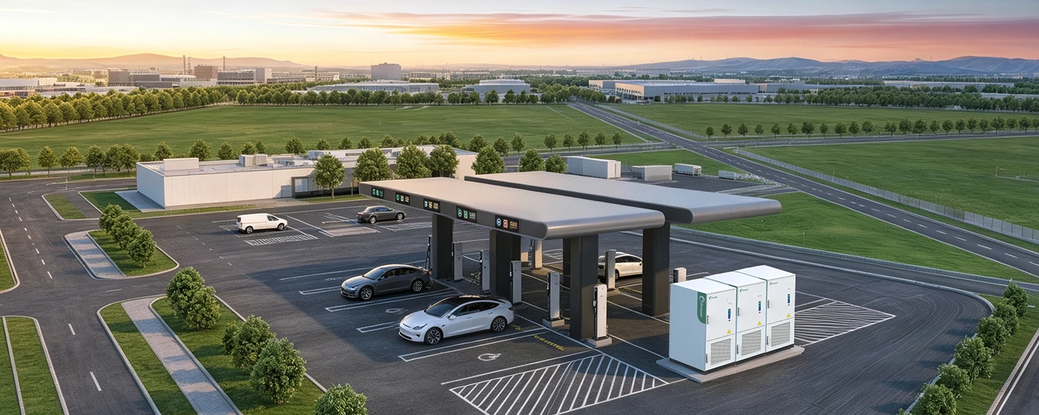 Aerial view of a modern EV charging station integrated with three Sunpal outdoor battery cabinets powering parked electric vehicles.