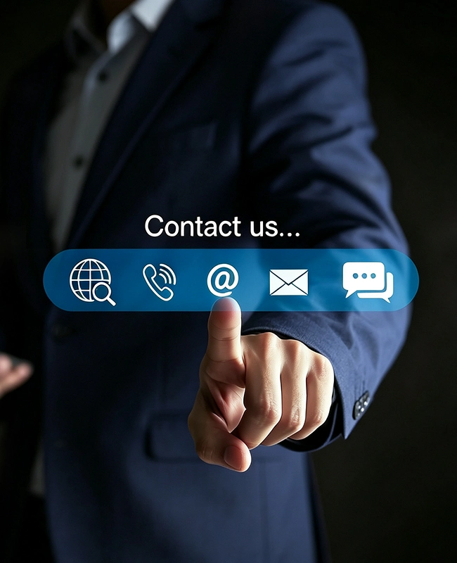 Business professional in a suit pointing to interactive digital contact icons, representing customer support, project inquiries, and BESS consultation.