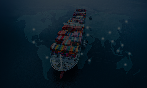 Aerial view of a loaded cargo ship overlaid with a digital global map network.