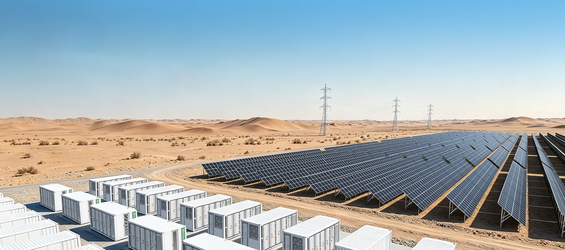 Large-scale desert solar farm paired with white containerized battery energy storage systems and transmission towers under a clear blue sky.