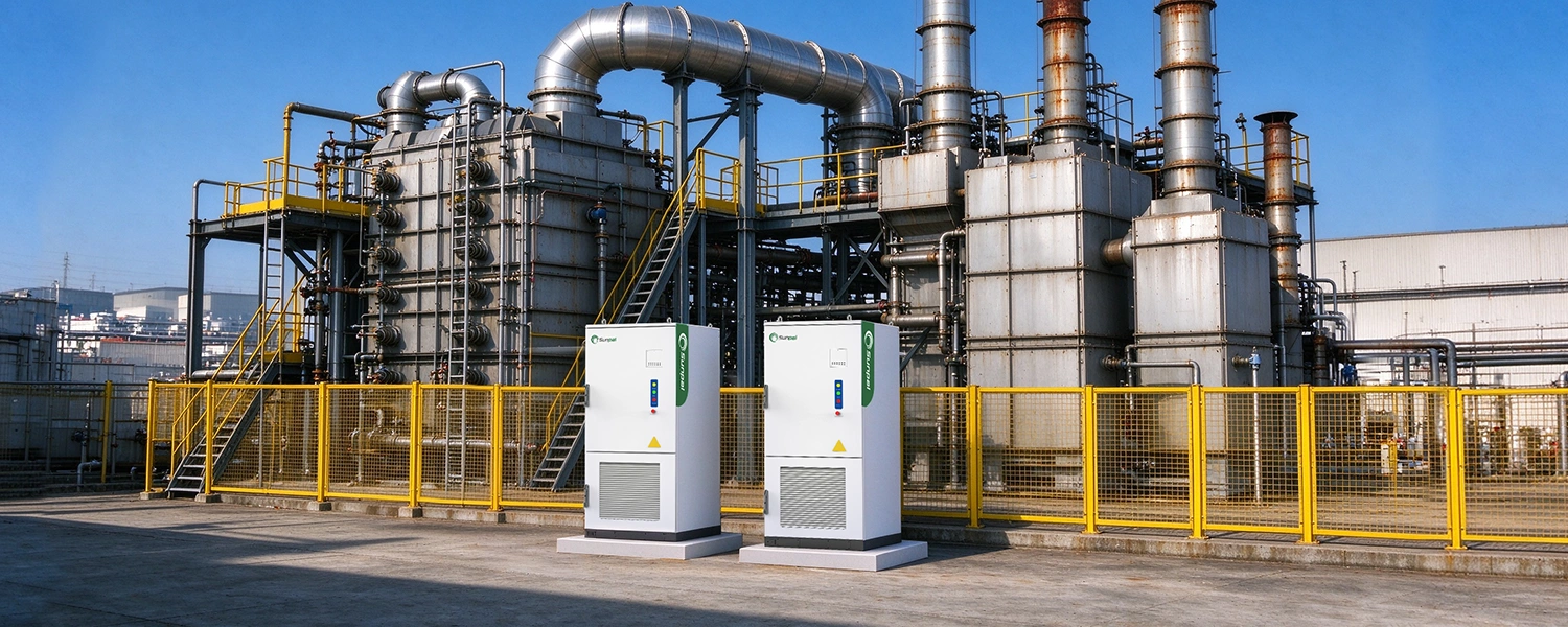 Two Sunpal BESS cabinets inside a fenced area in front of an industrial processing facility.