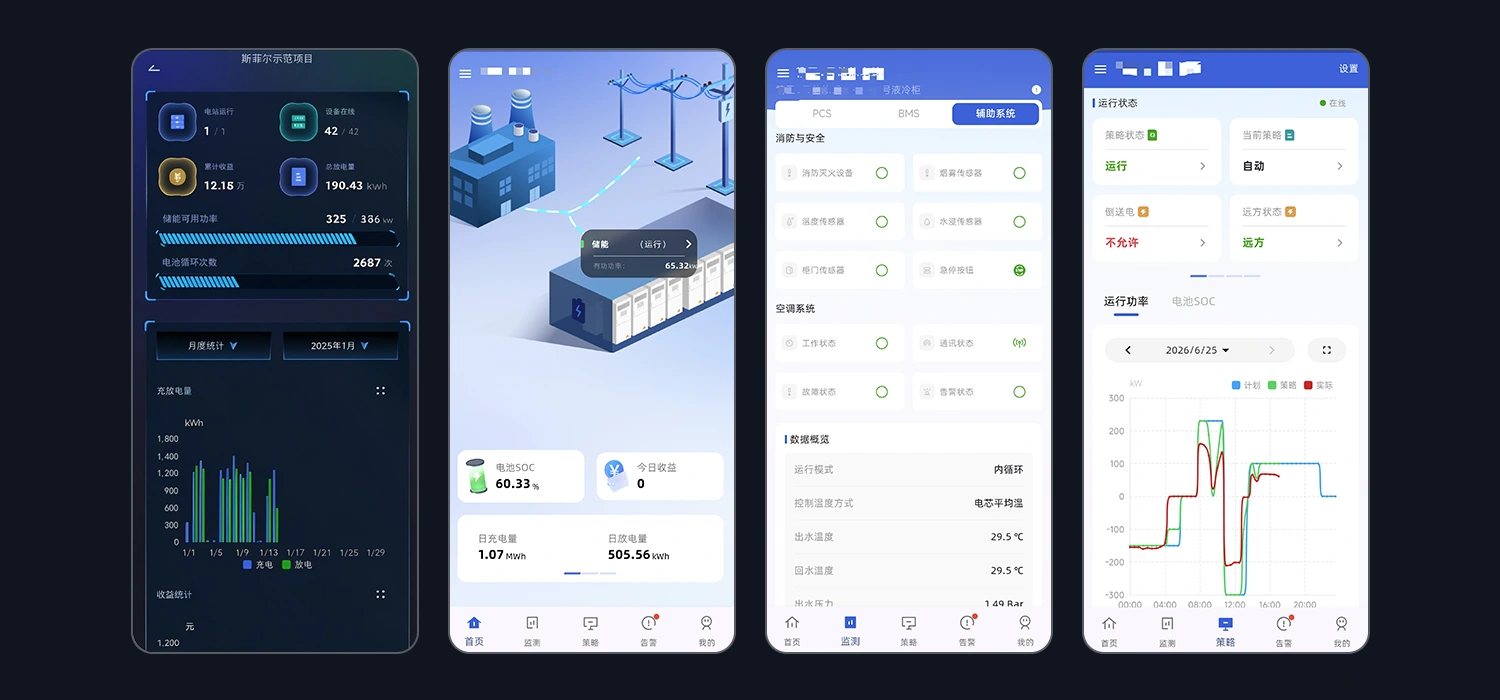 Smartphone displays showing mobile app interfaces for real-time energy monitoring, safety status, and performance analytics.