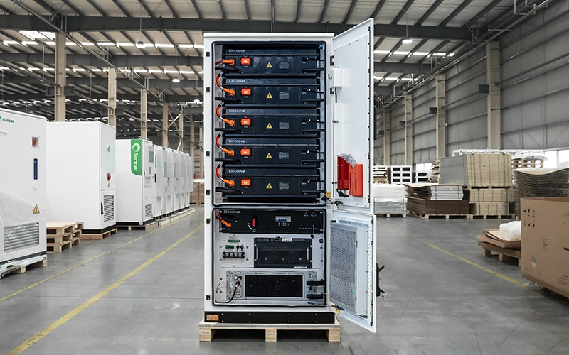 Open front view of a Sunpal BESS cabinet, revealing internal battery packs, control units, and intricate wiring.