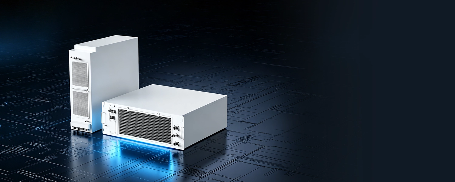 Two white industrial liquid cooling chiller units featuring front mesh ventilation grills and fluid connection ports on a tech background.