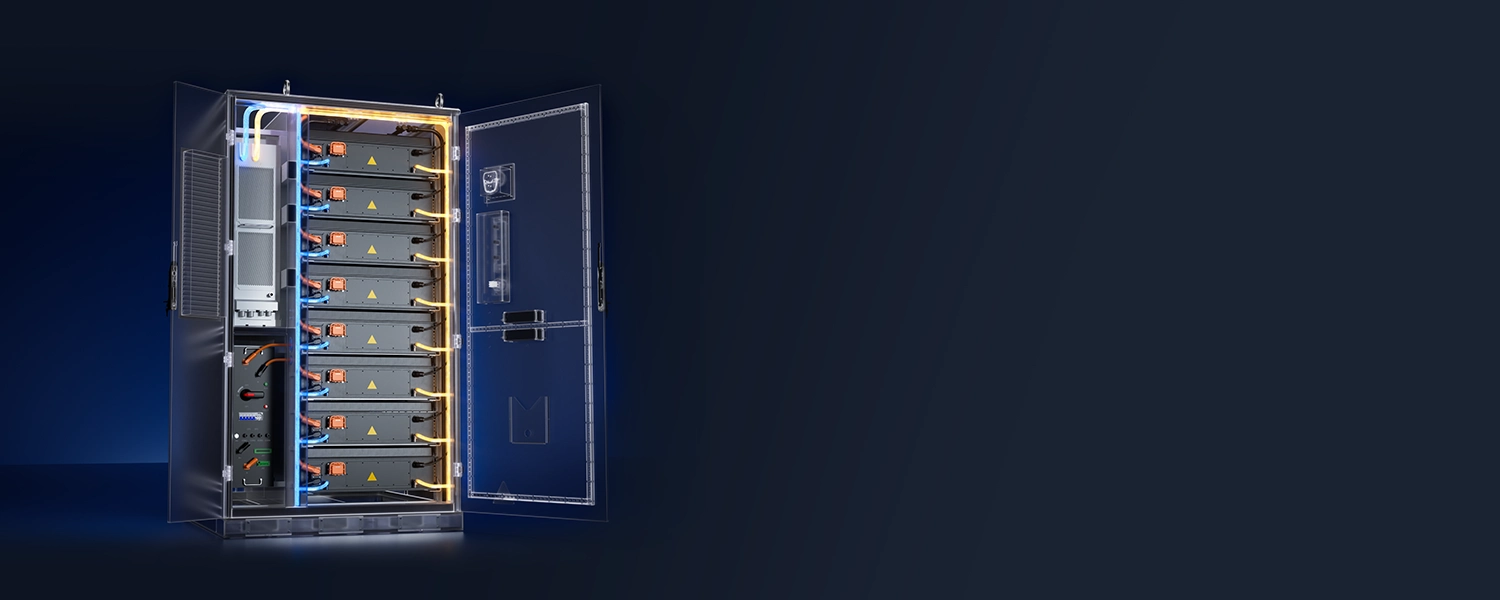 Cutaway technical illustration of a liquid-cooled battery cabinet showing internal battery racks, coolant piping with blue cold and orange warm fluid flows, and control modules.