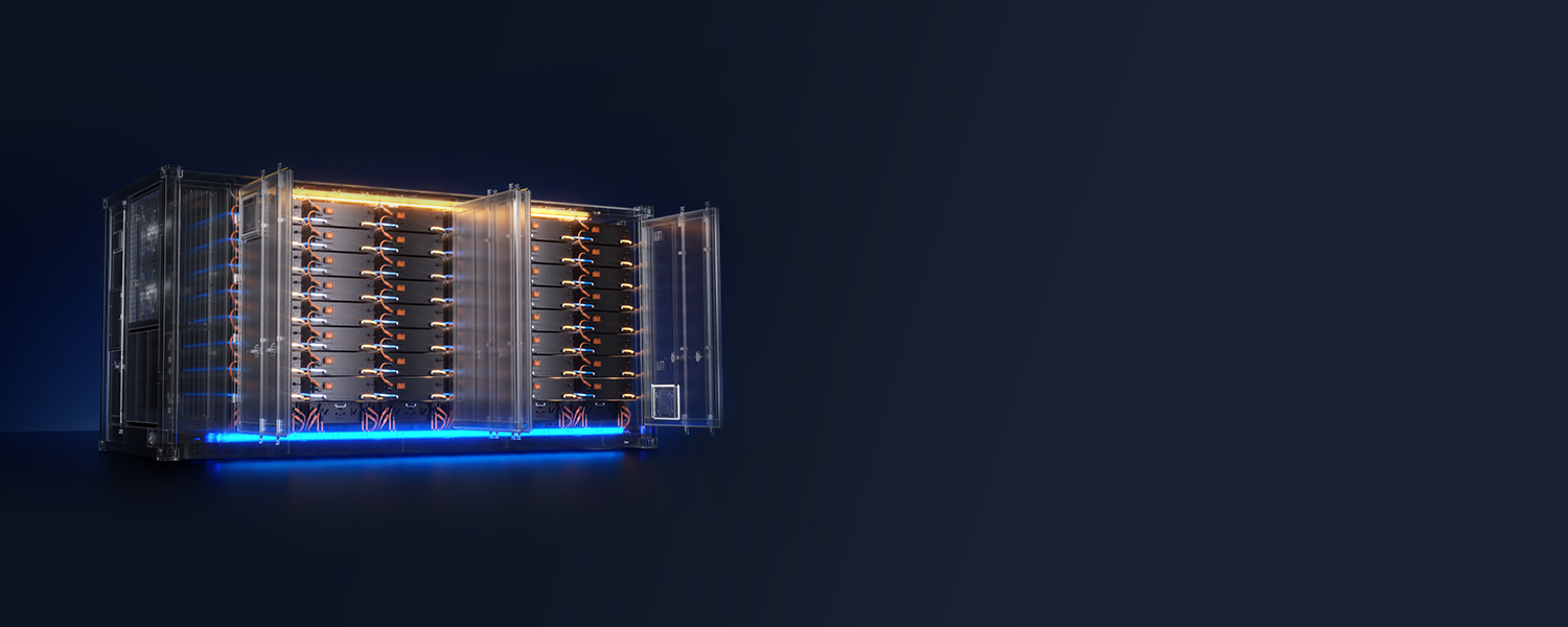 Cutaway view of a liquid-cooled battery container highlighting internal battery racks and glowing coolant flow channels.