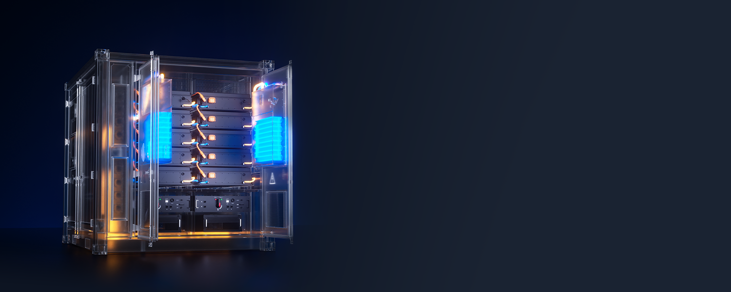 3D transparent diagram of a liquid-cooled battery container showing internal racks and blue coolant circulation paths.