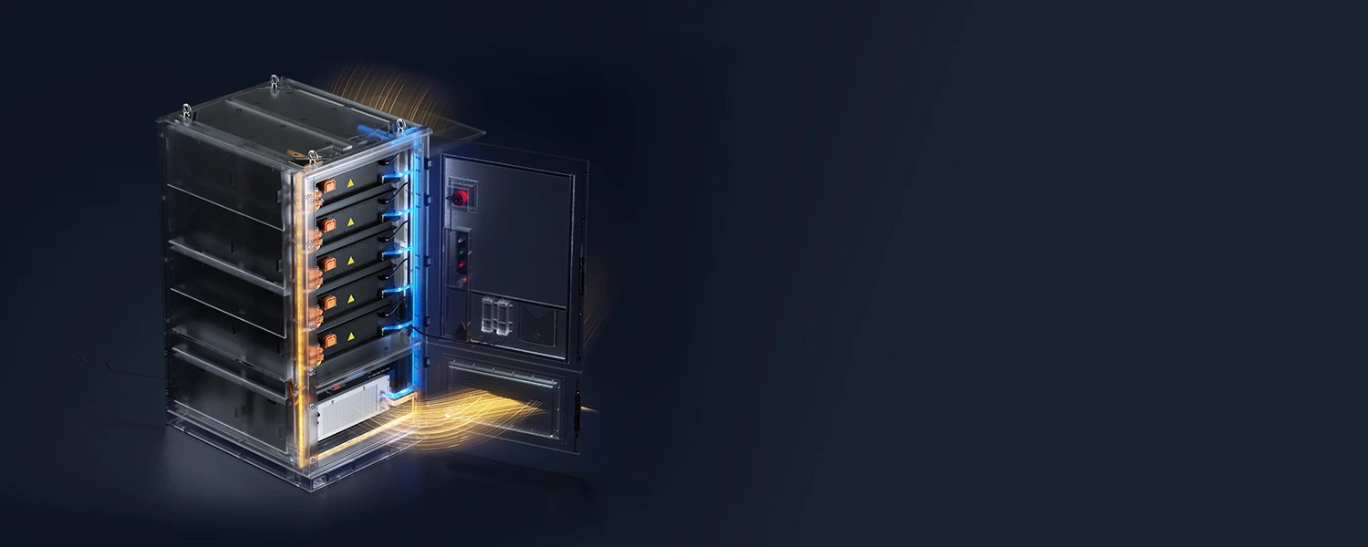 Cutaway 3D diagram showing liquid cooling pipes and internal airflow paths inside a transparent battery energy storage cabinet.