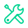 Green line icon featuring a crossed wrench and screwdriver representing manufacturing and factory testing.