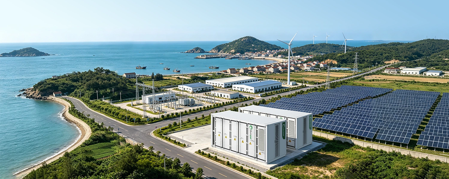 Aerial view of a coastal microgrid station featuring white energy storage containers, solar panel arrays, wind turbines, and a substation near the ocean.