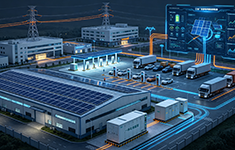 3D rendering of a smart microgrid ecosystem integrating battery containers, rooftop solar, EV chargers, and a digital monitoring display.