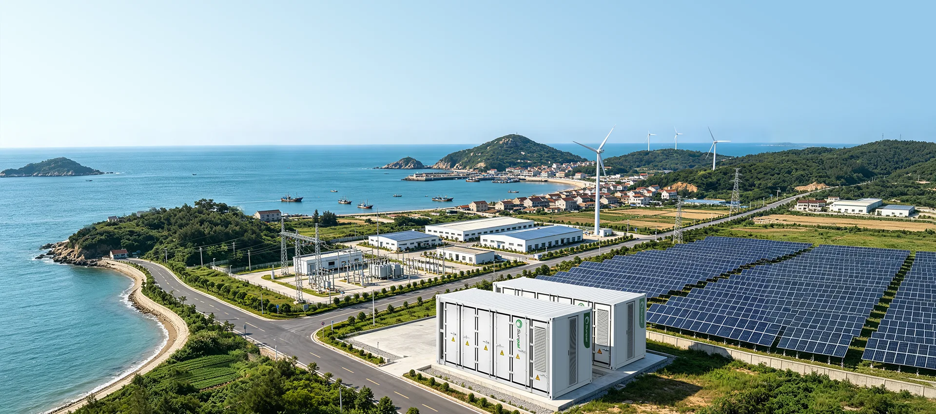 Coastal microgrid installation featuring containerized battery energy storage systems, solar PV panels, wind turbines, and grid infrastructure.