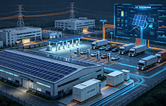 3D rendering of an industrial park microgrid featuring rooftop solar panels, containerized energy storage units, EV charging stations, and a digital monitoring overlay.