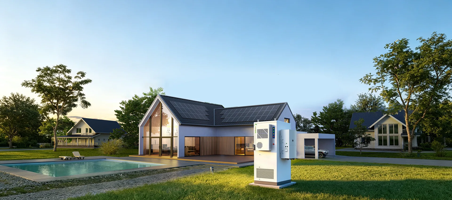 Outdoor battery storage system installed beside a modern residential property equipped with rooftop solar photovoltaic panels.