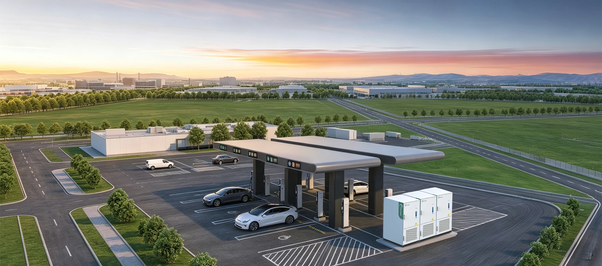 Aerial rendering of a commercial EV charging hub equipped with an outdoor battery energy storage cabinet and solar canopy.