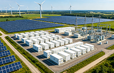 Aerial view of a large-scale energy storage site with white battery containers, solar farm panels, wind turbines, and a power substation.