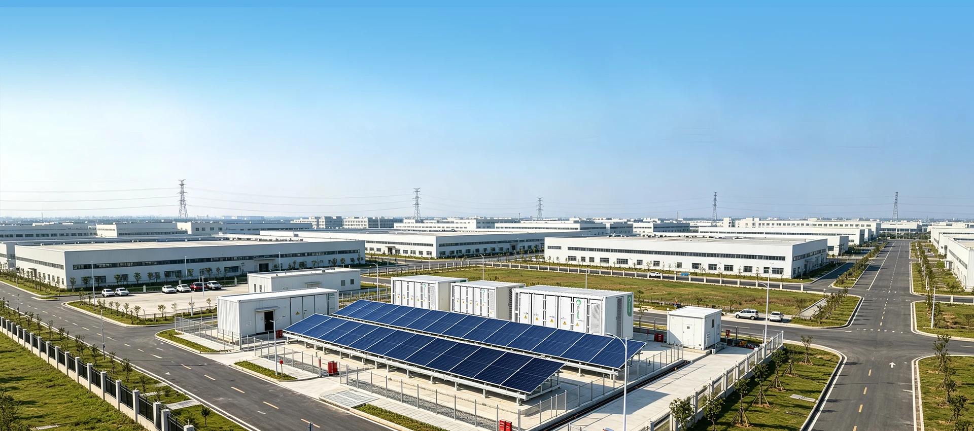 High-angle view of an industrial park featuring solar canopy arrays and containerized BESS units for peak-valley energy arbitrage.