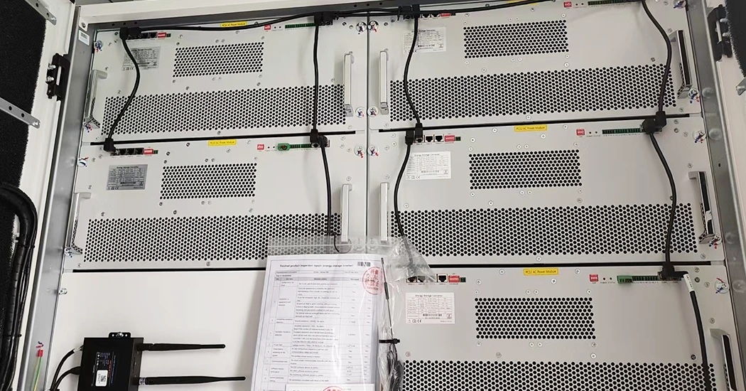 Rack-mounted energy storage converters and AC power modules inside a equipment cabinet, with connected communication cables and a quality inspection report attached.