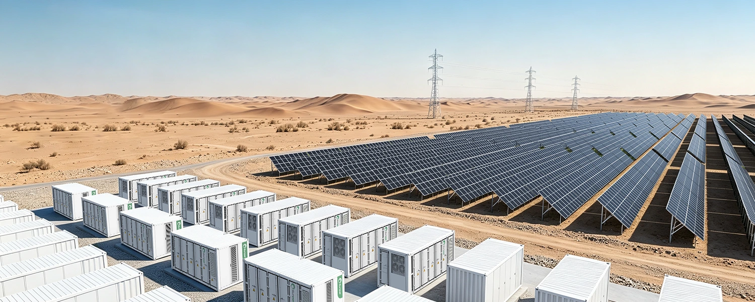 Utility-scale solar power plant in a desert location integrated with containerized battery energy storage systems and transmission towers.