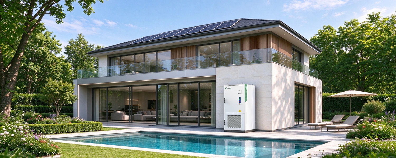 Sunpal residential BESS cabinet installed by a luxury modern villa with rooftop solar and a pool.