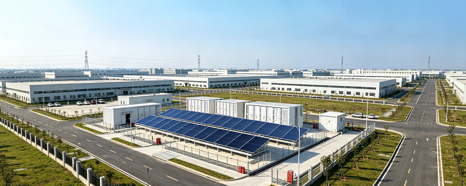 An aerial view of a solar-plus-storage installation featuring blue solar panel arrays and white energy storage containers in an industrial park.