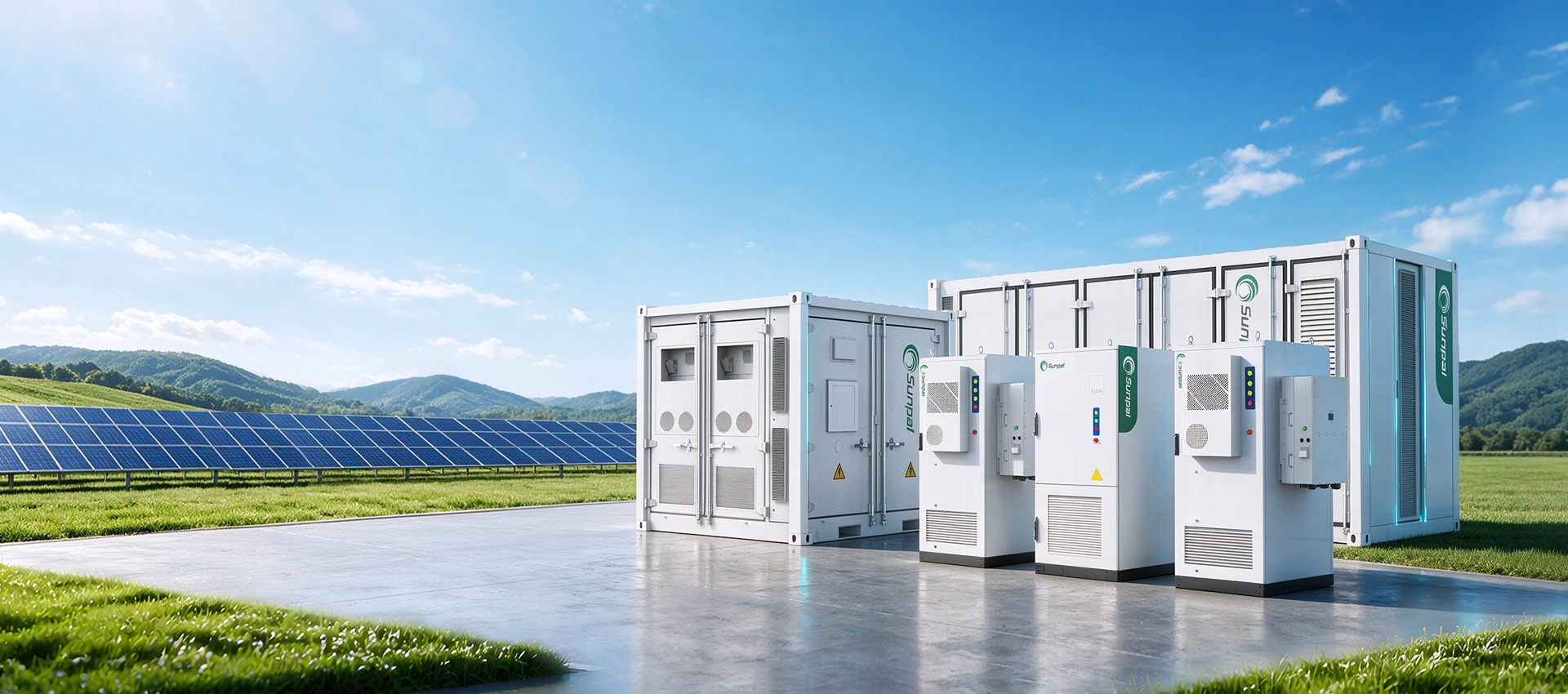 Battery storage containers and power equipment beside a solar farm in a green landscape.