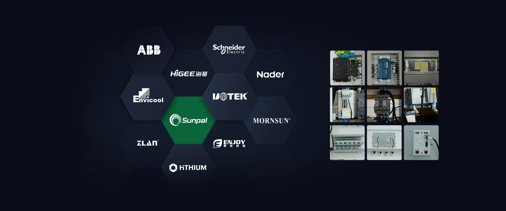 Hexagonal network diagram showcasing SUNPAL ESS’s strategic supplier logos alongside photos of premium internal system components.
