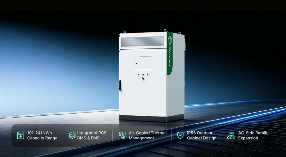 White, green, and dark grey Sunpal air-cooled ESS cabinet featuring IP55 outdoor design and integrated PCS for solar energy storage.