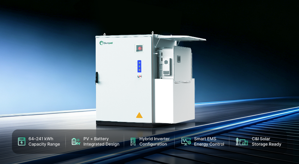 White Sunpal air-cooled hybrid cabinet featuring PV and battery integrated design for C&I solar storage applications.