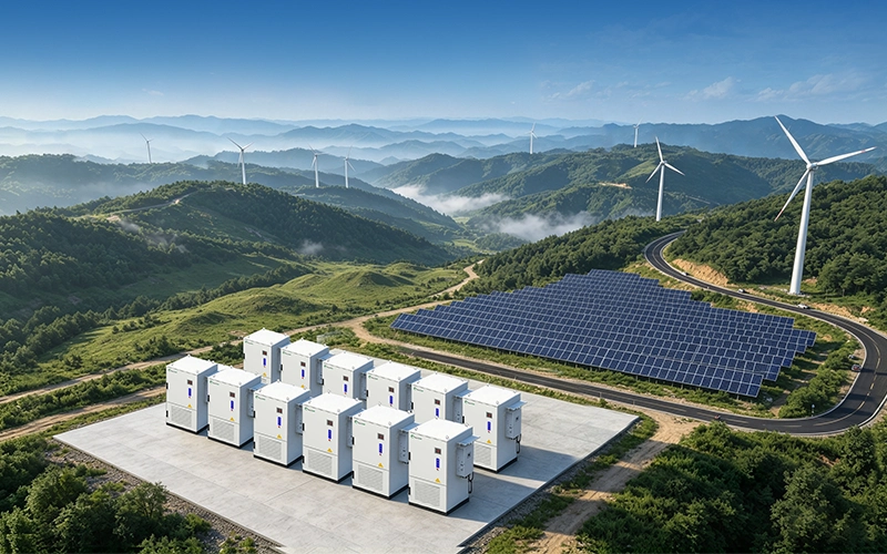 Array of Sunpal commercial battery energy storage cabinets, featuring the signature green and dark grey branding, providing reliable backup power at a mountainous solar and wind power plant.