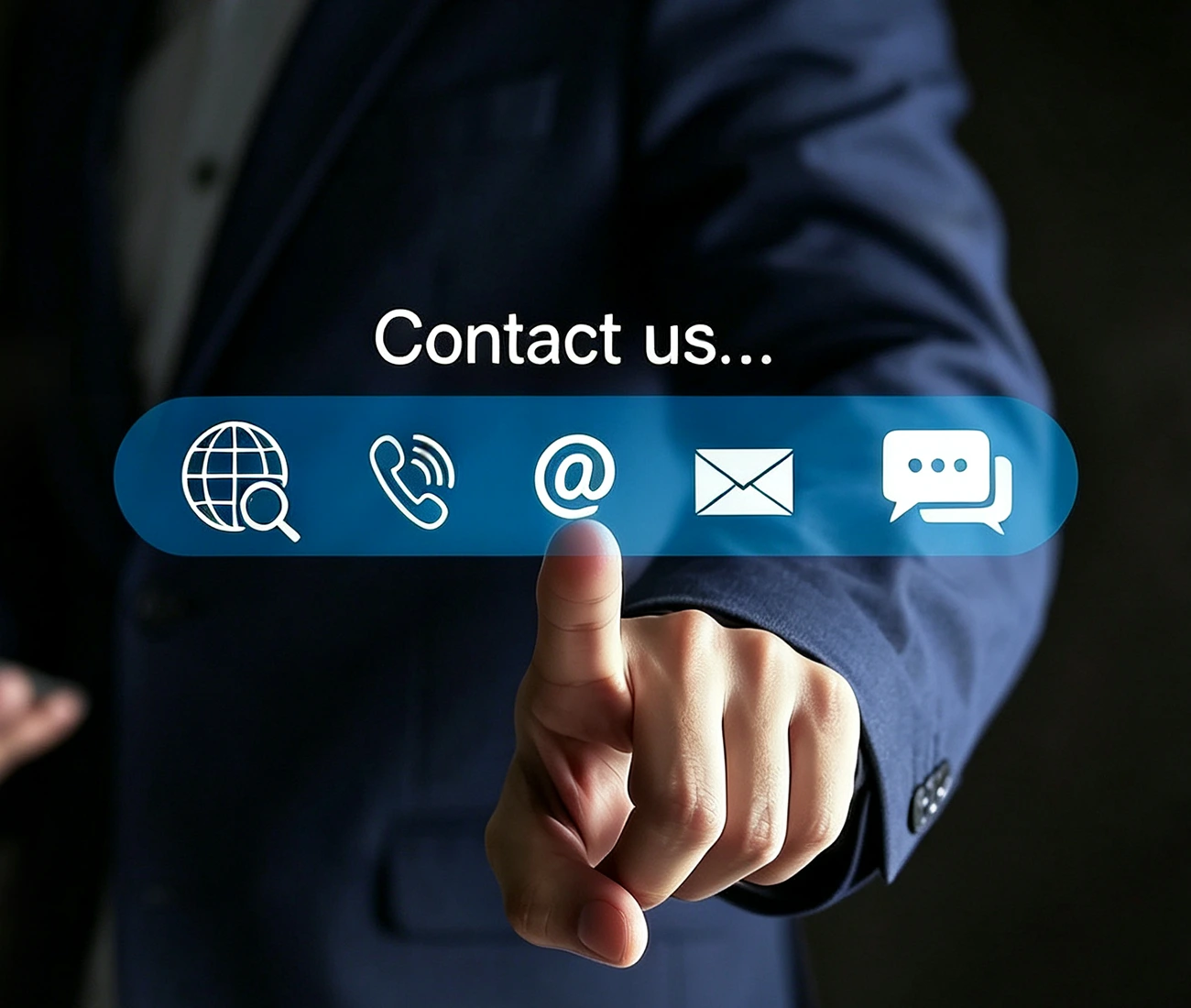 Sunpal professional in a blue suit pointing to a digital contact us menu with email, phone, and web icons.