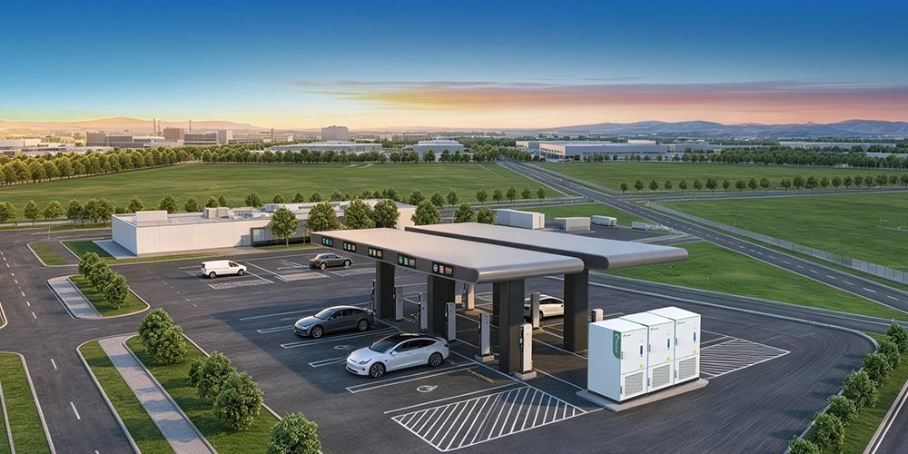 Sunpal commercial battery energy storage system performing peak shaving at an outdoor electric vehicle charging station.