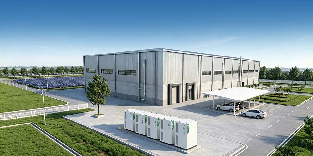 Five Sunpal commercial battery energy storage cabinets installed outside an industrial facility with a solar carport and ground-mounted solar panels, designed for demand charge management.