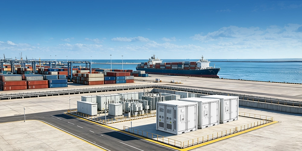 Sunpal commercial battery energy storage system installed at a busy seaport, providing dynamic power boosting for heavy terminal operations.