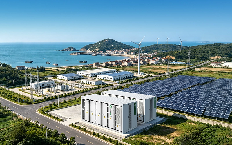 Sunpal commercial battery energy storage containers integrated with a coastal microgrid featuring solar panels and wind turbines.