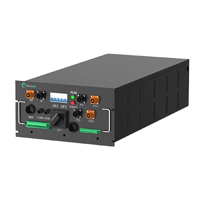Sunpal Energy Storage System (ESS) high-voltage box featuring a dark grey rack-mounted enclosure with front panel safety switches and green communication terminals.