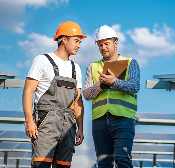 Two Sunpal solar engineers in safety gear discussing energy storage system FAQs with a clipboard in front of solar panels.