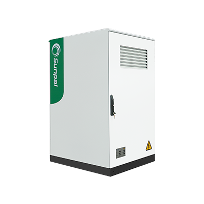 Sunpal Energy Storage System (ESS) Static Transfer Switch (STS) cabinet featuring a white and green enclosure with ventilation and safety warning labels.