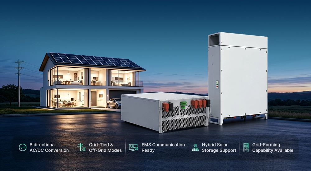 White Sunpal hybrid inverter PCS unit for residential solar energy storage, featuring bidirectional AC/DC conversion and grid-forming capabilities.