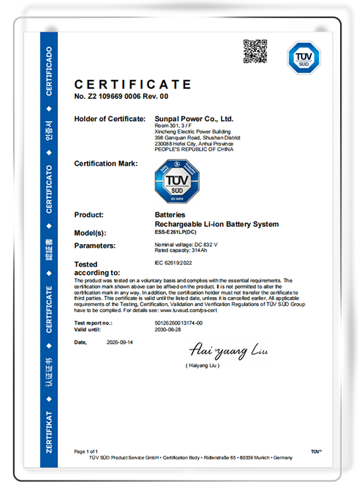 TUV SUD certification document for Sunpal rechargeable Li-ion battery system tested according to IEC 62619.