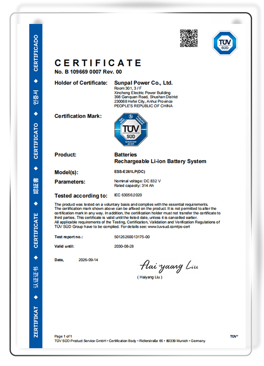 TUV SUD certification document for Sunpal rechargeable Li-ion battery system tested according to IEC 63056.