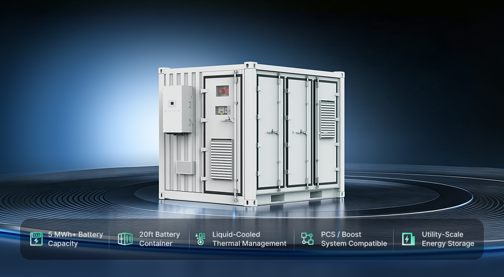 White Sunpal 20ft liquid-cooled battery container designed for utility-scale solar energy storage.