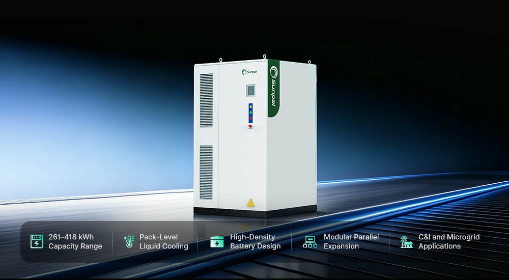 White and green Sunpal liquid-cooled ESS cabinet featuring a high-density battery design for C&I and microgrid applications.