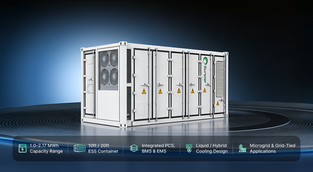 White Sunpal 10ft and 20ft liquid-cooled ESS container designed for microgrid and grid-tied solar energy storage applications.