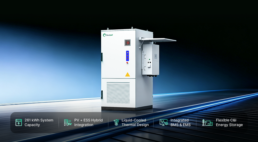 White Sunpal liquid-cooled hybrid cabinet featuring PV and ESS integration for flexible C&I solar energy storage.