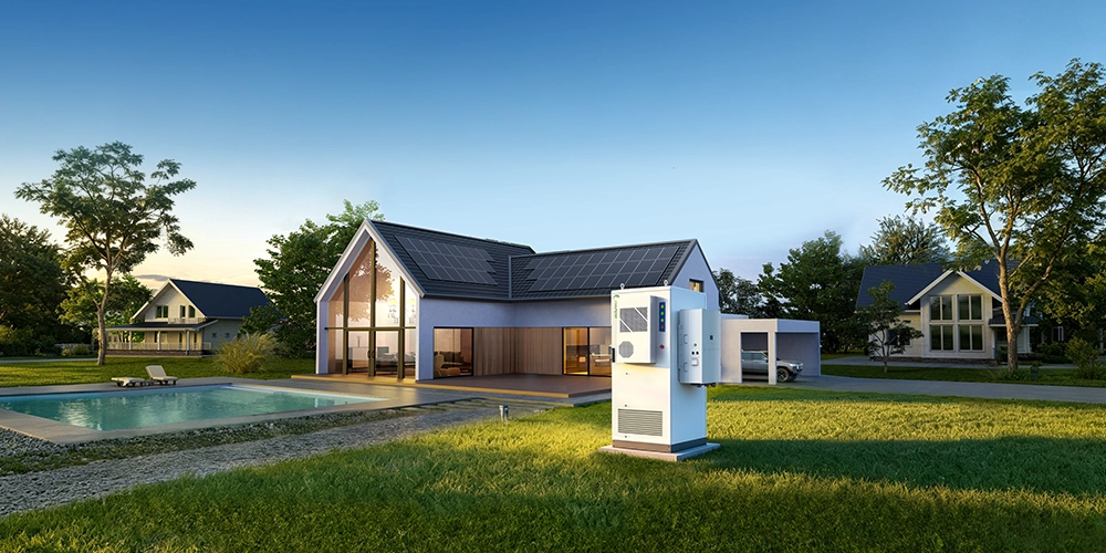 Sunpal residential battery energy storage unit installed outside a modern home with roof solar panels, designed for PV self-consumption.
