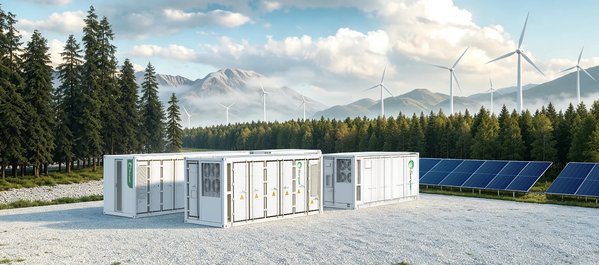 Sunpal commercial Energy Storage System (ESS) containers integrated with solar panels and wind turbines in a mountainous landscape.