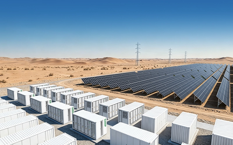 Rows of Sunpal commercial battery energy storage containers integrated with a desert solar farm for grid stability support.